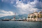Tivat harbor, Adriatic sea, city embankment and yacht marina view with mountain background. Montenegro.