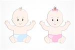Cute smiling baby twins. Baby boy and girl sitting in a diaper. Vector Illustration cartoon style.