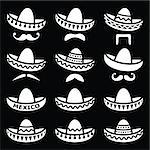 Vector icons set of Sombrero isolated on black background