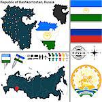 Vector map of state Republic of Bashkortostan with coat of arms and location on Russian map