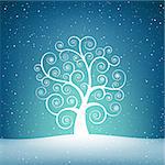 The winter swirl tree with snowflakes on the blue sky mesh background