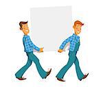 Two mans carry empty plate. Eps10 vector illustration. Isolated on white background