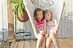 Girls sitting in hammock on porch