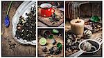 collage of tea paraphernalia and scattered leaves on a wooden table.Selective focus