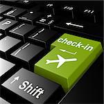 Online check in flight on green keyboard image with hi-res rendered artwork that could be used for any graphic design.