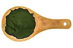 Nutrient-rich organic spirulina powder on a wooden spoon, isolated on white, top view