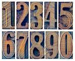 ten numbers from zero to nine in letterpress wood type printing blocks isolated in white