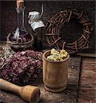 dried herbs for traditional medicine in the rural style.Selective focus