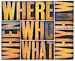 who, what, how, why, where, when, questions  - brainstorming or decision making concept - a collage of isolated words in vintage grunge letterpress wood type blocks