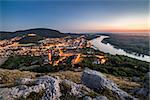 View of Lit Small City of Hainburg an der Donau with Danube River as Seen from Braunsberg Hill at Beautiful Sunset