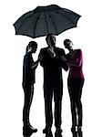 one  family father mother daughter man under umbrella danger afraid in silhouette studio isolated on white background