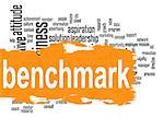 Benchmark word cloud with orange banner image with hi-res rendered artwork that could be used for any graphic design.