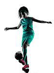 one teenager girl child  playing soccer player in silhouette isolated on white background