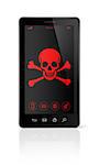 3D smart phone with a pirate symbol on screen. Hacking concept