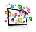 3D Tablet PC with flying apps icons - isolated on white