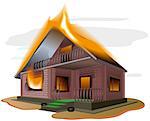 Brick house burns. Cottage fire. Vacation home. Property insurance. Illustration in vector format