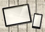 Smartphone and digital tablet PC on a white wood table - horizontal office mockup