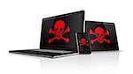 3D Laptop tablet pc and smartphone with pirate symbols on screen. Hacking concept