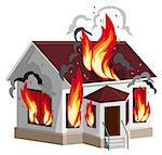 White stone house burns. Property insurance against fire. Home insurance. Isolated on white vector illustration