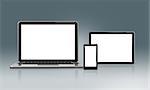 3D High Tech laptop, mobile phone and digital tablet pc - isolated on a futuristic background with clipping path