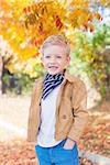 smiling little boy  enjoying nice weather in the colorful autumn park