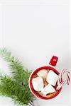 close-up of cup with hot cocoa, marshmallows and candy canes with christmas tree sprig