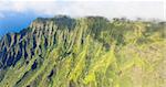 view of green rugged valley at kauai island, hawaii from helicopter