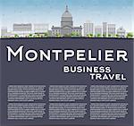 Montpelier (Vermont) city skyline with grey buildings and copy space. Business travel concept. Vector illustration