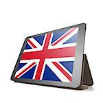 Tablet with United Kingdom flag image with hi-res rendered artwork that could be used for any graphic design.