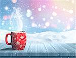 3D render of a Christmas mug on a wooden table against a snowy landscape