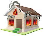 Stone house burns. Property insurance against fire. Home insurance. Isolated on white vector illustration