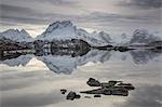 Reflection of snow covered mountain range in calm lake, Norway