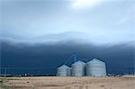 Arcus cloud from storm over grain silos, Dalhart, Texas, USA