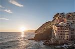 Elevated view of manarola village and Mediterranean at sunset, Cinque Terre, Italy