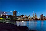 Manhattan financial district and Brooklyn bridge at night, New York, USA