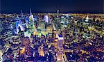 High angle cityscape of midtown Manhattan at night, New York, USA