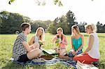 Family sitting on picnic blanket in park giving mature woman flowers and gifts smiling