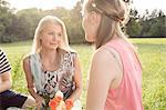 Mature woman holding flowers sitting in field talking to young woman