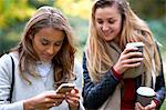 Two young female friends reading smartphone texts in park