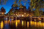 Canal waterfront and bridge at night, Amsterdam, Netherlands