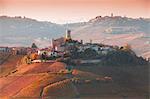 Elevated view of vineyards and hill town, Langhe, Piedmont Italy