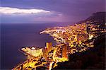 High angle view of Monte Carlo city lights at night, Monaco