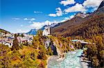 Scuol town and river valley, Engadin, Switzerland
