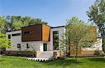 Modern cubist cedar wood building exterior, Quebec, Canada