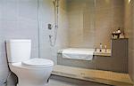 Modern bathroom with bath tub, toilet and glass shower screen