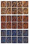 isolated outlined numbers in letterpress wood type - three sets with different wood stain
