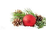 Christmas red ball with tree on white background with snow.