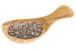 chia seeds on  a small wooden tablespoon isolated on white, selective focus