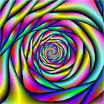 A digital abstract fractal image with a spiral tunnel, design in red, blue, red, yellow, pink and violet.