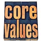 core values - ethics concept - isolated text in vintage letterpress wood type printing blocks stained by color inks